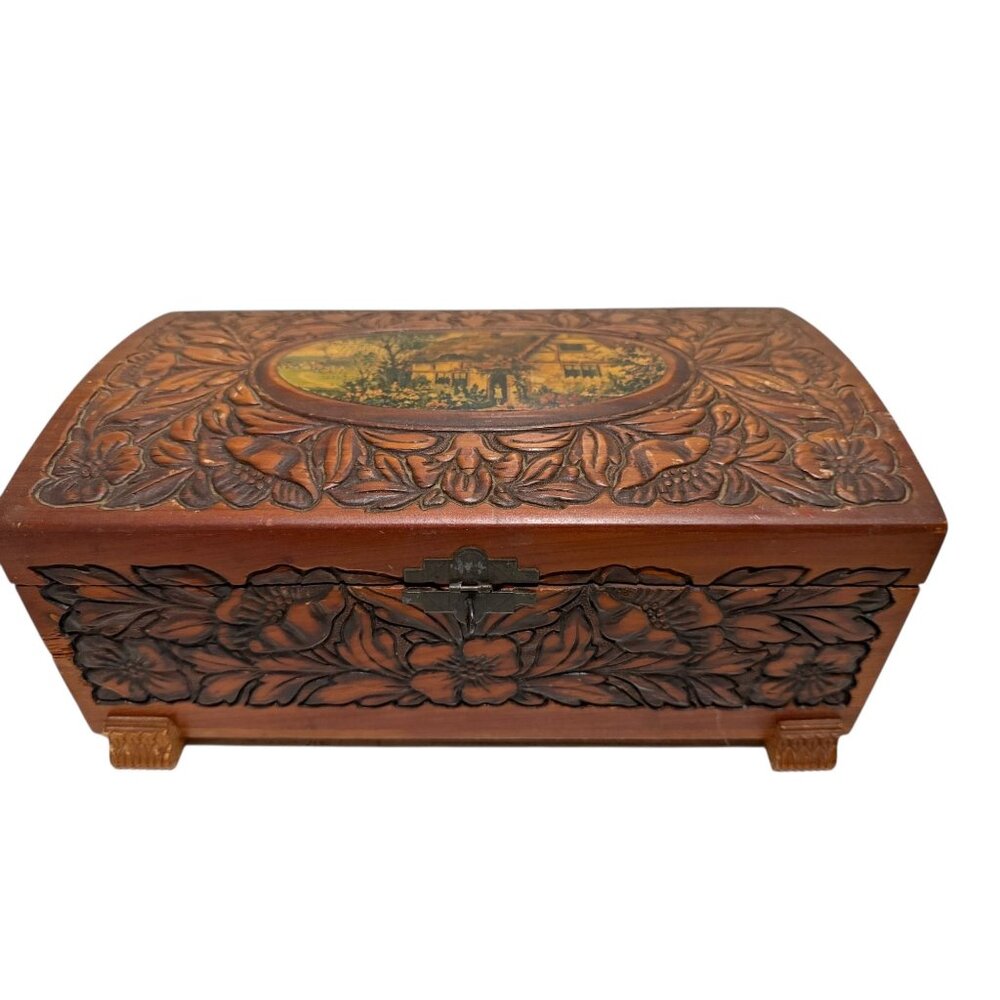 Wooden Jewelry Trinket Box Floral Carving Cottage Scene Mirror Rounded Lid Vtg - Picture 1 of 12